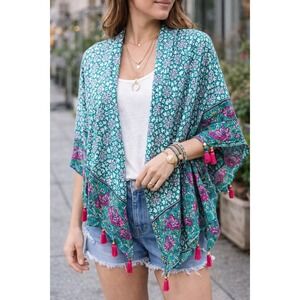 Moss Rose Green Floral Geometric Tassel Kimono Wrap Scarf One Size O/S